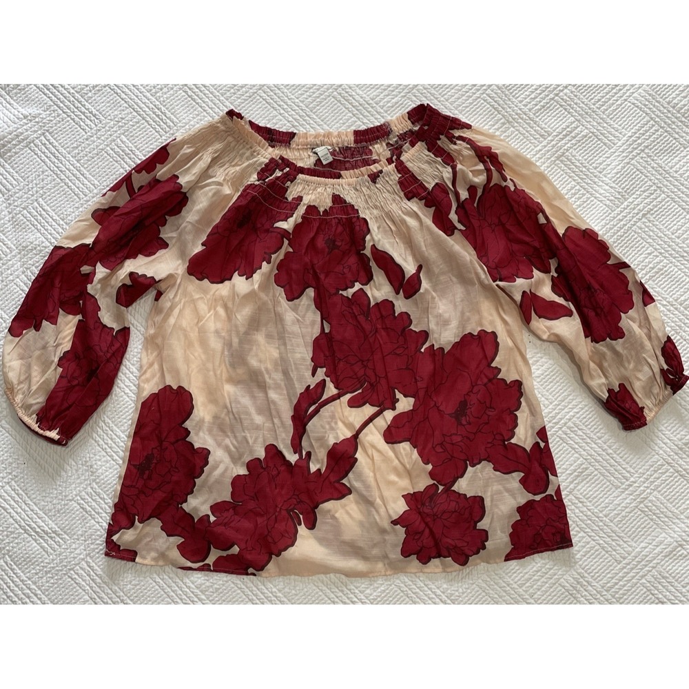 Cato Women's Top 18/20W Floral Red Cream Bold 3/4 Sleeve Smocked Neck Boho